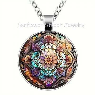 Mandala Flower Cross Necklace Glass Dome Cabochon Art Print Faux Stained Glass • $14.98