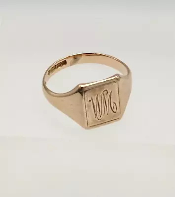 Vintage 9 Carat Gold Engraved WM Signet Ring Size S Birmingham 1934 • $199.20