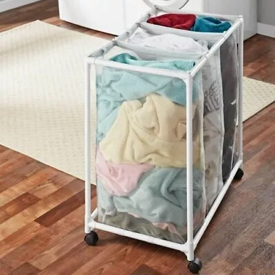 $17.59 • Buy Heavy Duty Laundry Sorter 3 Section Hamper Cart Rolling Basket Dirty Clothes