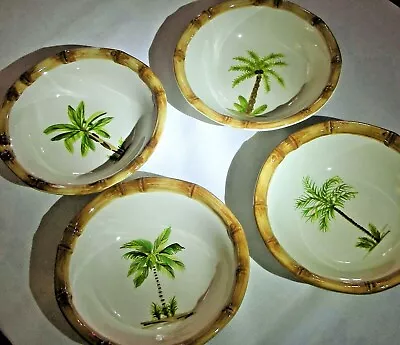 HOME Set Of 4 Salad Bowls Bamboo Edged 4 Unique Tropical Palm Trees In Centers • $42