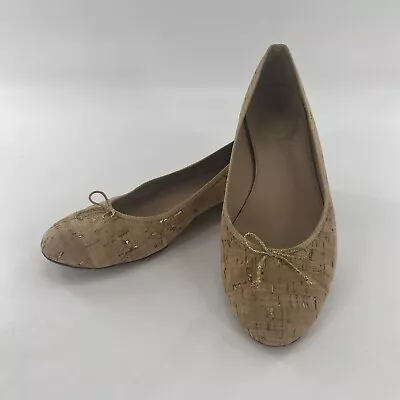 J Crew Ballet Flat Womens 8.5 M Shoes Cork Leather Tan Gold Bow Made In Italy • $24.75