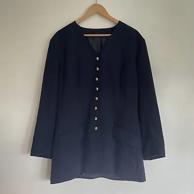 Essence Womens Navy Jacket Blazer UK 16 Button Overcoat Military Collarless • £8
