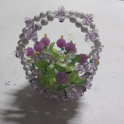 Vintage Handmade Safety Pin Beaded Basket With Flowers Purple White Green • $10