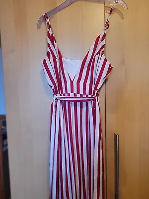 Misguided V Neck Red And White Stripe Jumpsuit UK 10 Silky Feel • £2