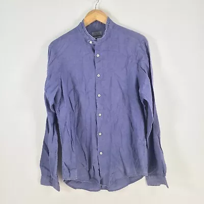 Zara Mens Button Up Shirt Size M Blue Long Sleeve Linen Collarless 080543 • $19.95