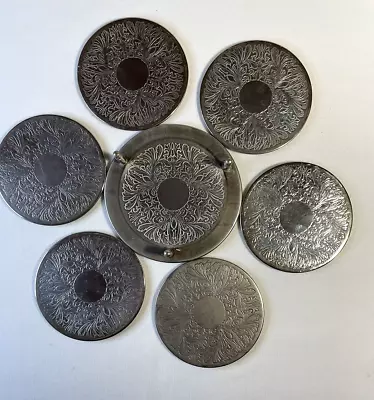 Vintage Metal Silver Plated Etched Ornate Coasters Set Of 6 With Display Stand • $58.75