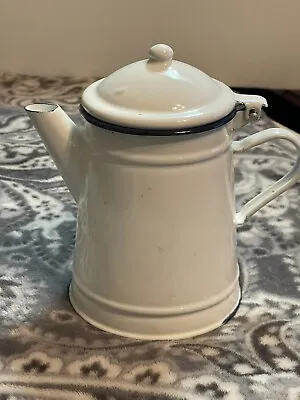 ​Vintage Enamel White Navy Blue Tea Kettle Coffee Pot Spout Handle Attached Lid • $17