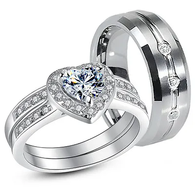 3 Pcs S925 Sterling Silver His Tungsten CZ Matching Wedding Ring Band Set • $42.99