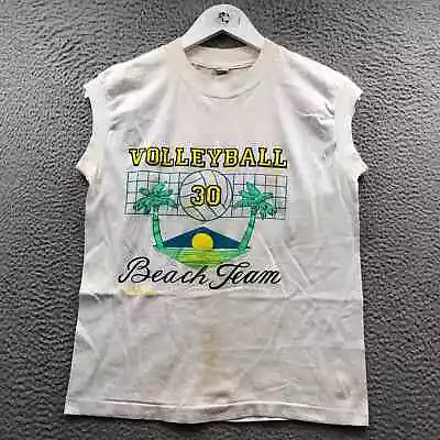 Vintage 70s 80s Volleyball Beach Team Sleeveless Shirt Mens Small Graphic White  • $12.99