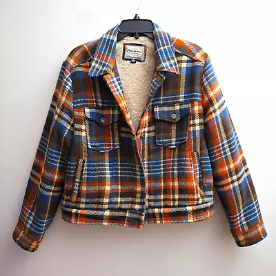 Flag & Anthem  Sherpa Lined Crop Jacket Mens Small Blue Red Plaid Button Up • $34.99