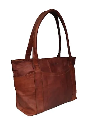 Genuine Leather Tote Bag Women's Handmade Vintage Style Brown College Work Purse • $57