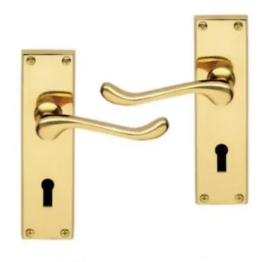 £10.05 • Buy 1 Pair Of Victorian Scroll Polished Brass Finish Lever Lock Door Handles