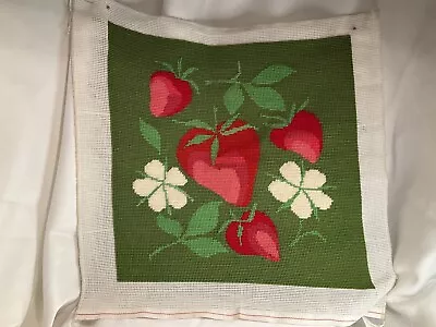 Vintage Completed Needlepoint Strawberry Cluster 14”x14” Unframed Pillow • $19.50