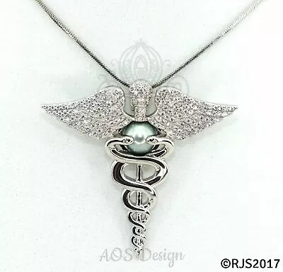 Nurse RN Caduceus Pearl Cage Pendant Silver Charm Nursing Jewelry Crystal Locket • $32