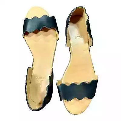 J.crew Black Leather Scalloped Peep Toe Flats Size 7.5 • $28