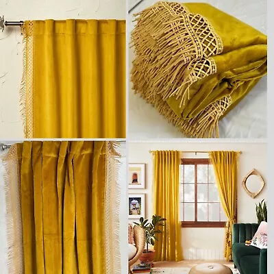 2 Opalhouse Jungalow Gold Velvet Macrame Curtain Panels 54x84 Boho Curtains Set • $69.95