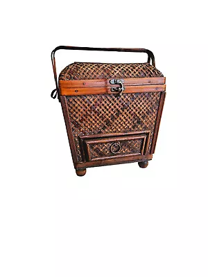 Vintage Wooden Chest With Drawer Decorative Chest Wicker ContainerTrinket Box • $44