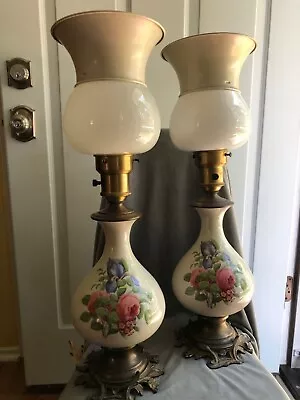 VINTAGE PAIR OF MID CENTURY BEDROOM LAMPS FROM 1940-50’s. WHITE WITH PINK ROSES  • $200