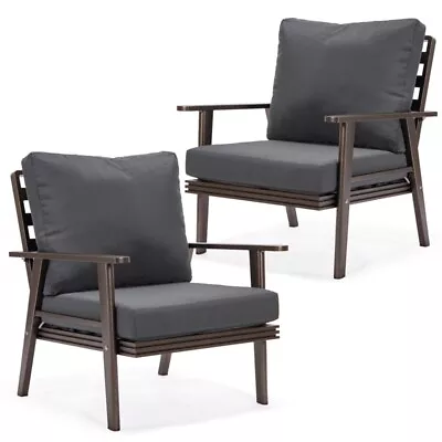 LeisureMod Walbrooke Outdoor Patio Brown Aluminum Armchairs Set Of 2 Charcoal • $980.30