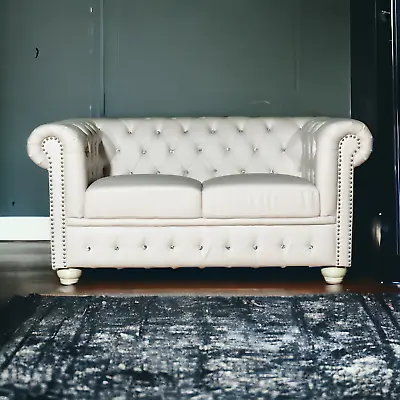 Brand New  White Chesterfield 2 Seater Sofa Matt PU Leather W/ Crystal Diamanté • £645