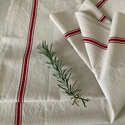 ONE Large Antique Vintage French Linen Torchon Tea Kitchen Towel  Red Stripe • $33