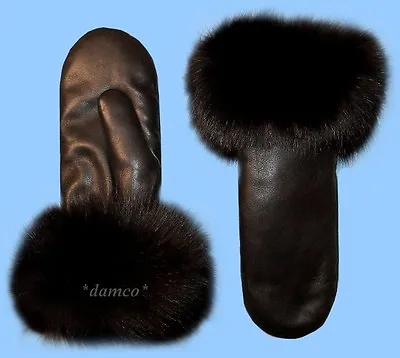 NEW MENS Size 8 Small BLACK LAMBSKIN LEATHER&BLACK FOX FUR MITTENS-ACRYLIC LINED • $79.95