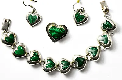 Sterling Silver Malachite Green Heart 18mm 7-1/2  Bracelet 23mm Clip & Earrings • $149.99