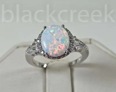 925 Sterling Silver~White Fire Oval Opal/Micro Pave Ring Choose Size • $25.55