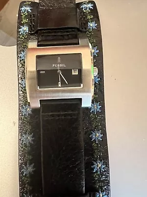 Fossil Watch Womens Shades Of Black Case Black Leather Cuff Style Bracelet • $18.99