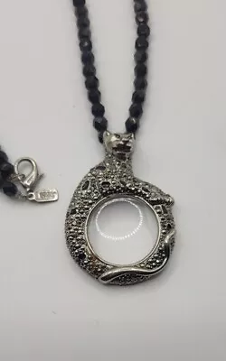 1928 Leopard Cat Magnifying Glass Black Crystal Silver Tone Vintage Necklace • $29