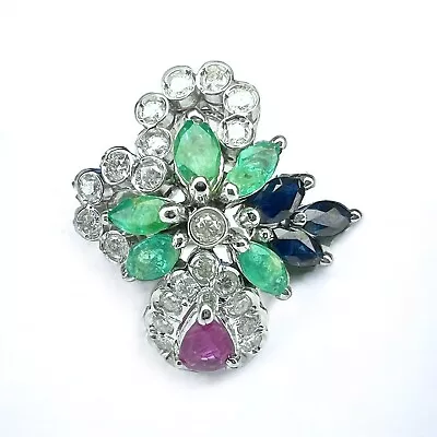 Vintage 18K White Gold Natural Diamond Emerald Sapphire & Ruby Flower Ring • $1499