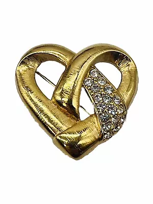 Vintage Monet Heart Brooch Pin  Gold Tone Ribbon Crystals Valentines Day Love • $14.99