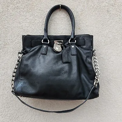 Michael Kors Shoulder Bag Black Leather Hamilton Padlock Chain Crossbody Large • $44.95