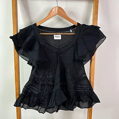 Isabel Marant Etoile Blouse Womens 34 Black Short Sleeve Eyelet Trim Cotton • $77.18