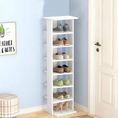 7 Tier Vertical Wooden Kids Shoe Rack White Tall Storage Unit Cube Door Hallway • £25.99