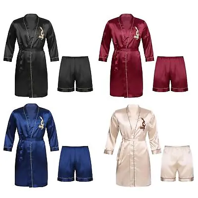 Mens Dragon Embroidery Satin Night-Robe Long Sleeve Belted Bathrobe Nightwear • $9.99