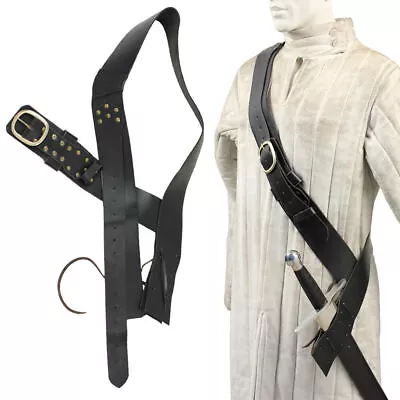 Black Medieval Queens Guard Sword Baldric Belt - Genuine Leather - Brass Buckle • $90.47