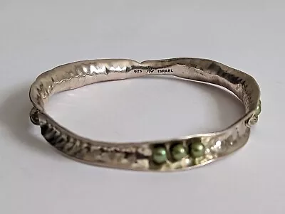 Hagit Gorali 925 Sterling Silver Green Cultured Pearl Hammered Bangle Bracelet • $160