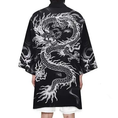  Unisex Retro Long Kimono Coat Yukata Outwear Bathrobe Cardigan Dragon Print Top • $22.49