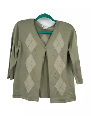 Vintage Christopher & Banks Womens Y2K Argyle Preppy Knit Green Button Cardigan • $16