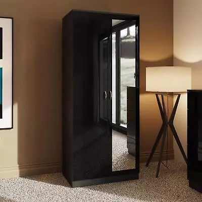 Black Gloss 2 Door Double Wardrobe With Mirror Matt Black Frame • £159.99