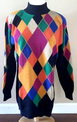 Vintage IB Diffusion Sweater Women's Small Black Multi Argyle Mock Bead Pullover • $27.97