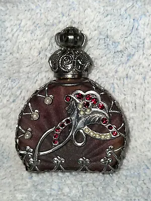 Vintage Czech Silver Filigree Frosted Red Glass Rhinestone 2.25  Perfume Bottle • $19.95