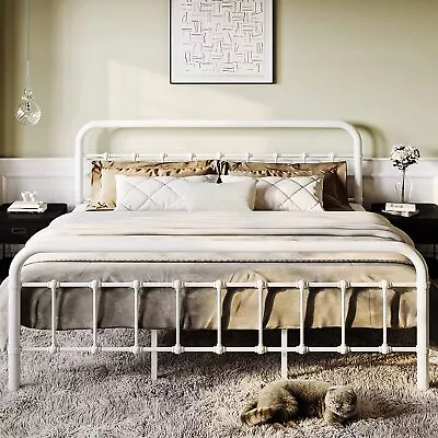 King Bed Frame Metal Platform Bed With Vintage Style Headboard &FootboardWhite • $293.99