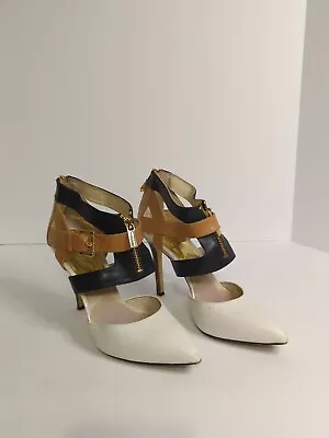 Michael Kors Anya Optic White Black Suntan Tan Zip Pointed Toe Heel Pumps 7.5 • $22