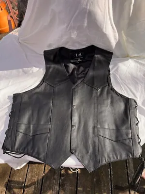 LK Leather King Motorcycle Vest Mens Size 54. Laced Sides Leather Black Snaps • $20