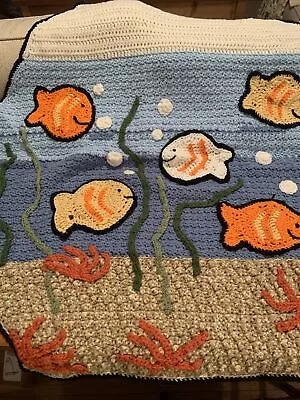 Vintage Handmade Crochet Goldfish In Bowl Blanket Afghan Wall Hanging 38” X 36” • $48