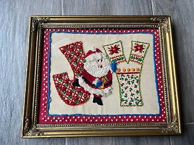 Vintage JOY Framed Crewel Embroidered Picture 11” X 9” Santa Christmas • $15.99