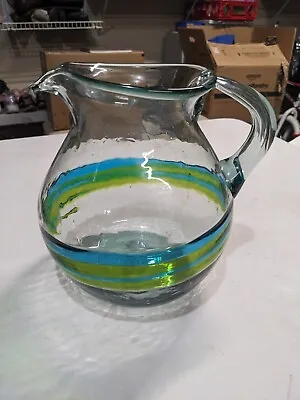 Handblown Glass Pitcher Teal Lime Glass 1970s Mexico Murano Styled 8.5”H X 8”W  • $20