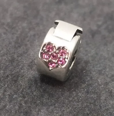 Chamilia 925 Sterling Silver & Swarovski Pink Crystal Heart Lock Stop Charm Bead • £12.95